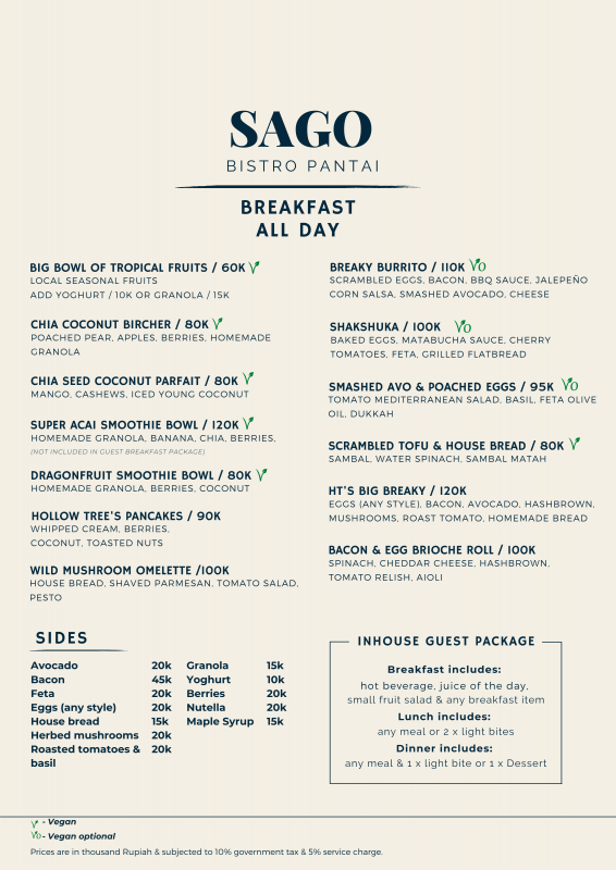 Sago bisto pantai menu