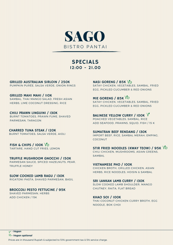 Sago bisto pantai menu